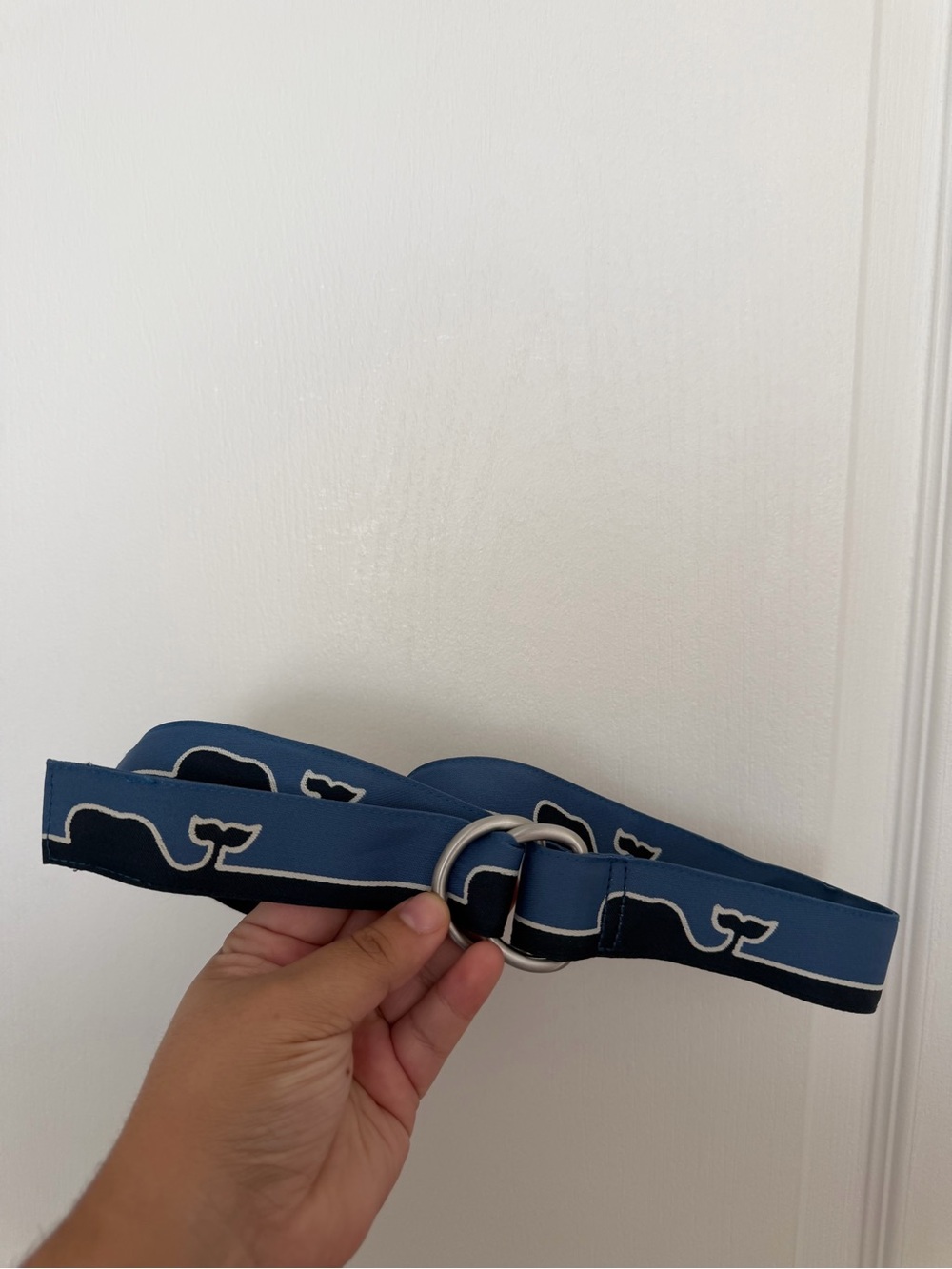 EUC Vineyard Vines Boys Whale Print Blue Belt w/ Silver D-Rings size Large